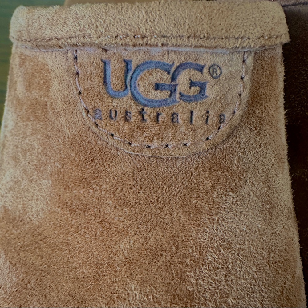 UGG Abbie Woodhills Sheep Skin Suede Wood Heels Rubber Soles Clog Mules Platform - Picture 5 of 14